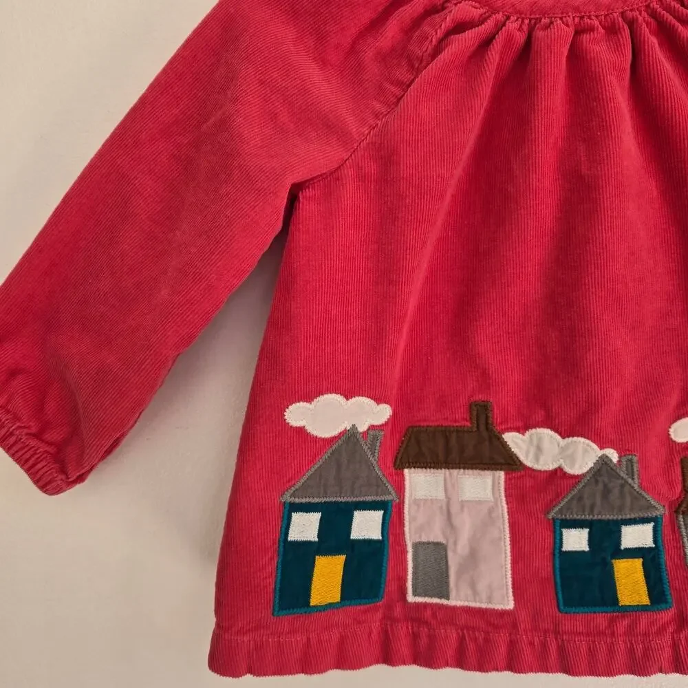 Baby Boden Girl Pink Corduroy Dress House Applique Long Sleeve 6-12 Months